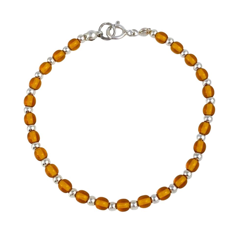 Vintage Sterling Silver 925 Amber Glass Bead Bracelet 7"